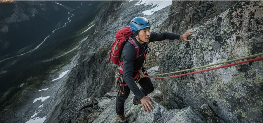 man climbing mountain